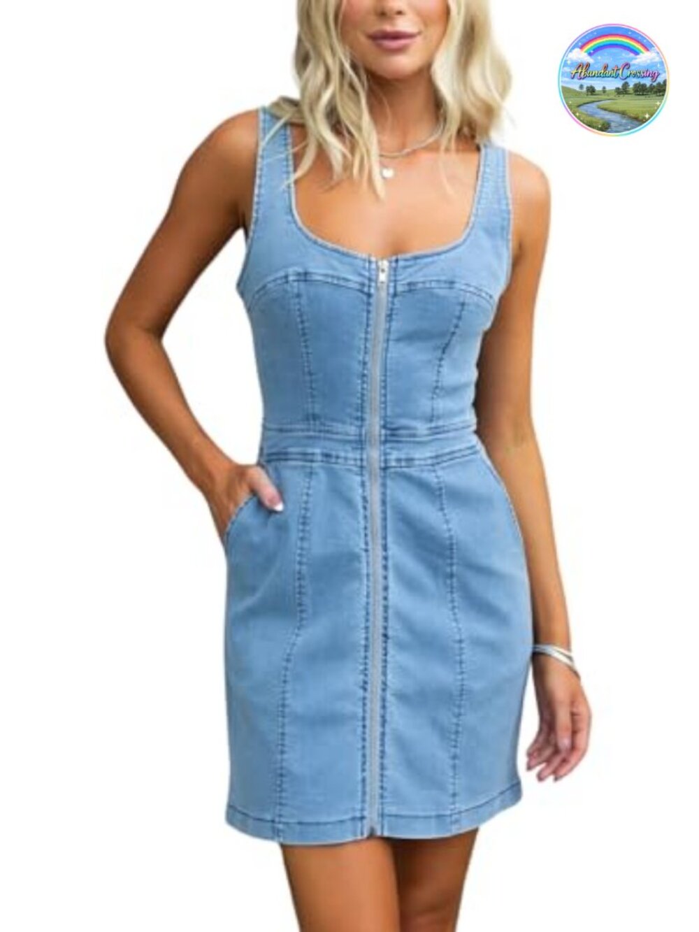Sleeveless Denim Bodycon Mini Dress with Pockets